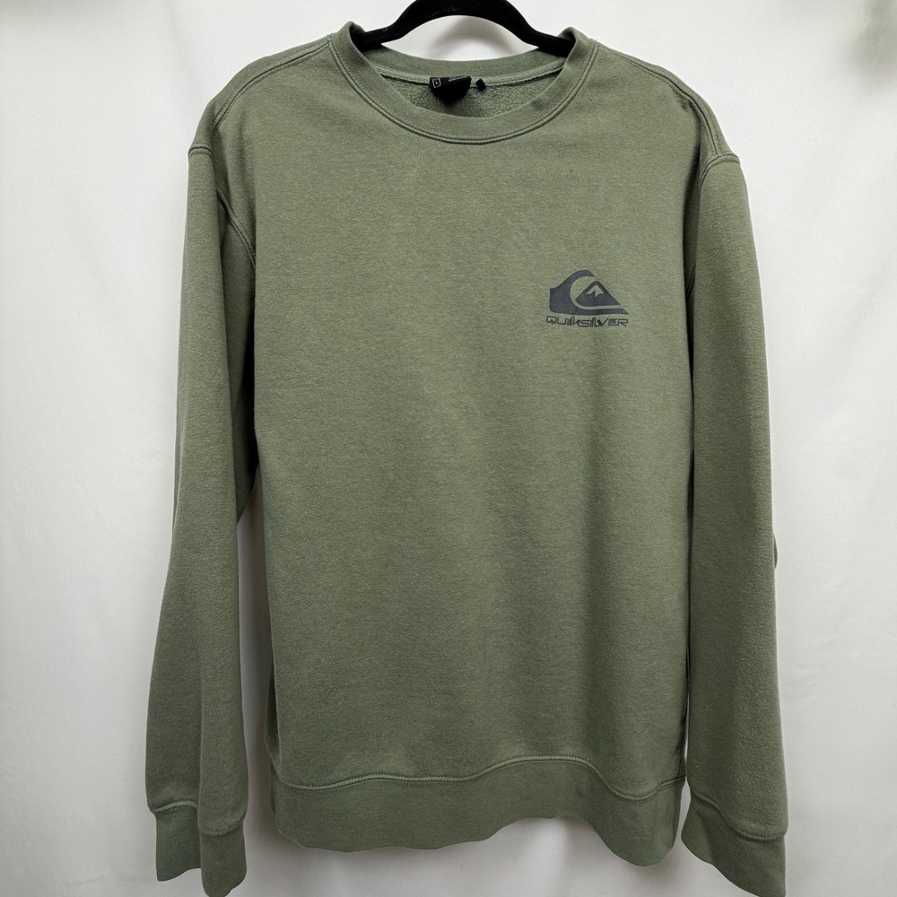 Quiksilver Mens Large Olive Green Crewneck Sweatshirt Logo Fleece Pullover